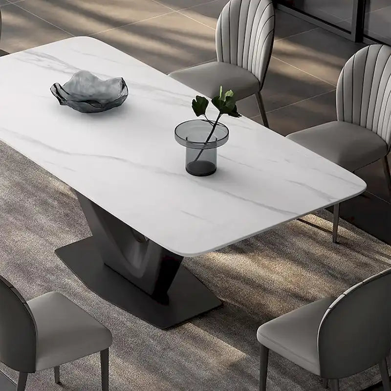 71" Modern Rectangular White Dining Table for 6, Black Carbon Steel Legs