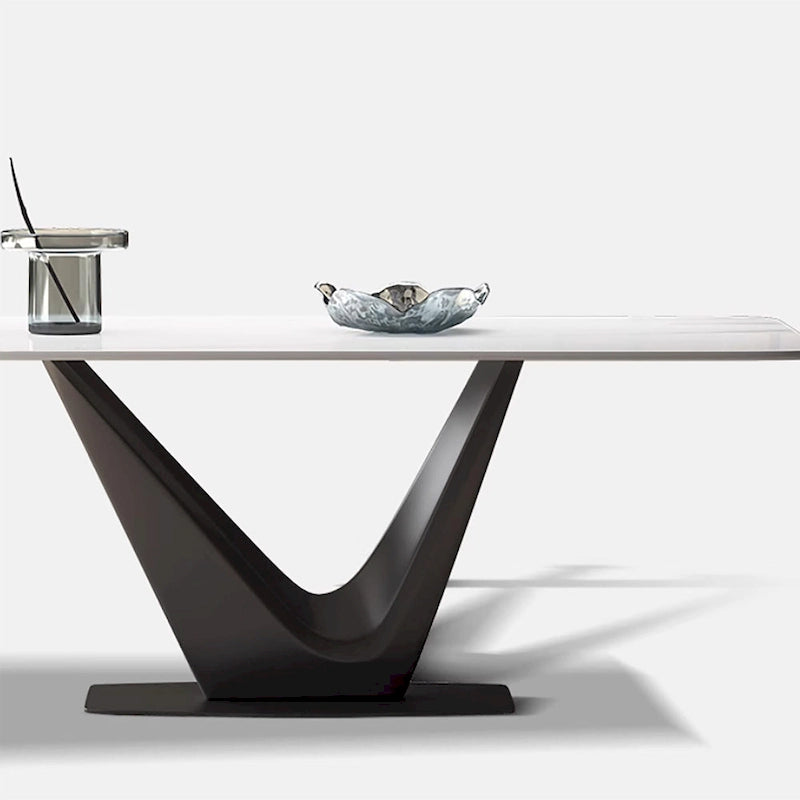 71" Modern Rectangular White Dining Table for 6, Black Carbon Steel Legs