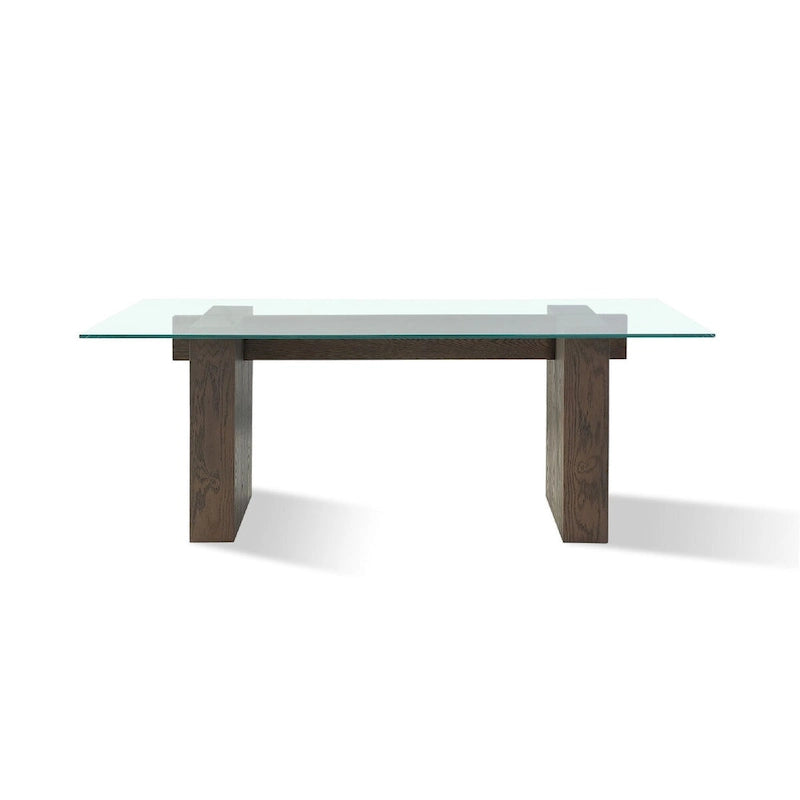 80 Inch Dining Table, Glass Top, Wood Double Pedestal, 6 Seater, Brown