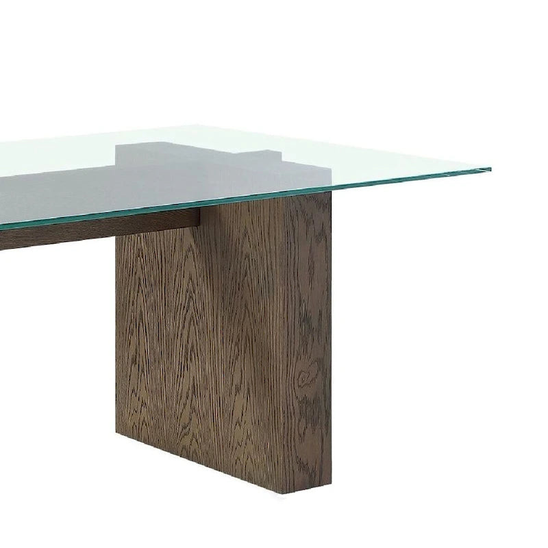 80 Inch Dining Table, Glass Top, Wood Double Pedestal, 6 Seater, Brown