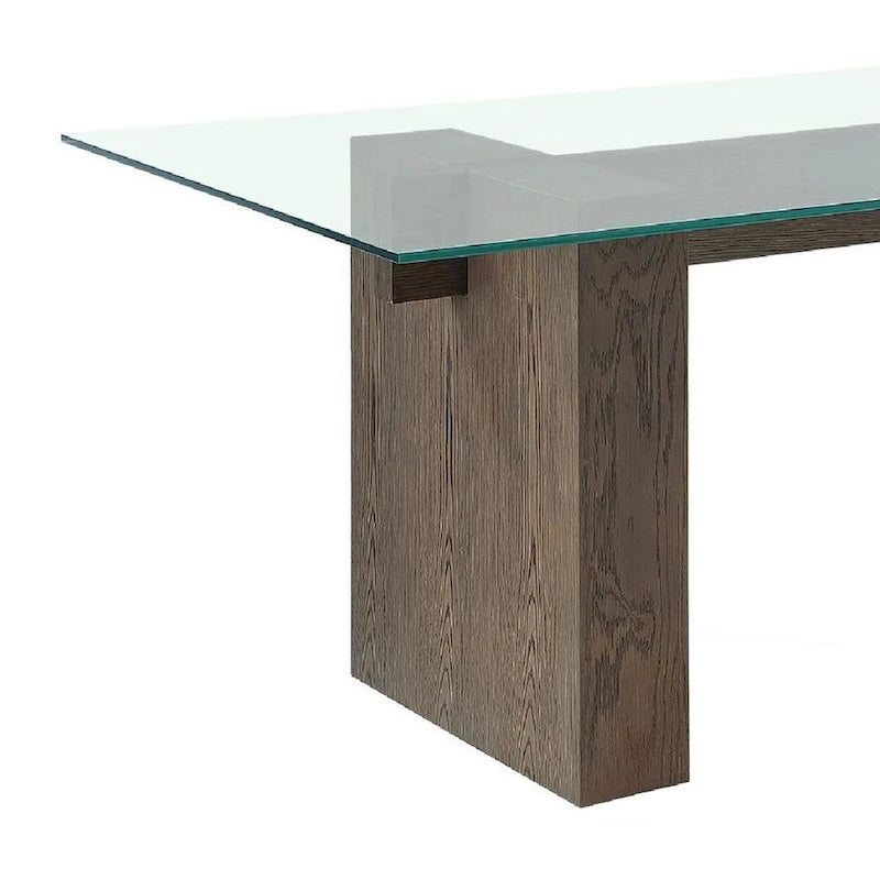80 Inch Dining Table, Glass Top, Wood Double Pedestal, 6 Seater, Brown