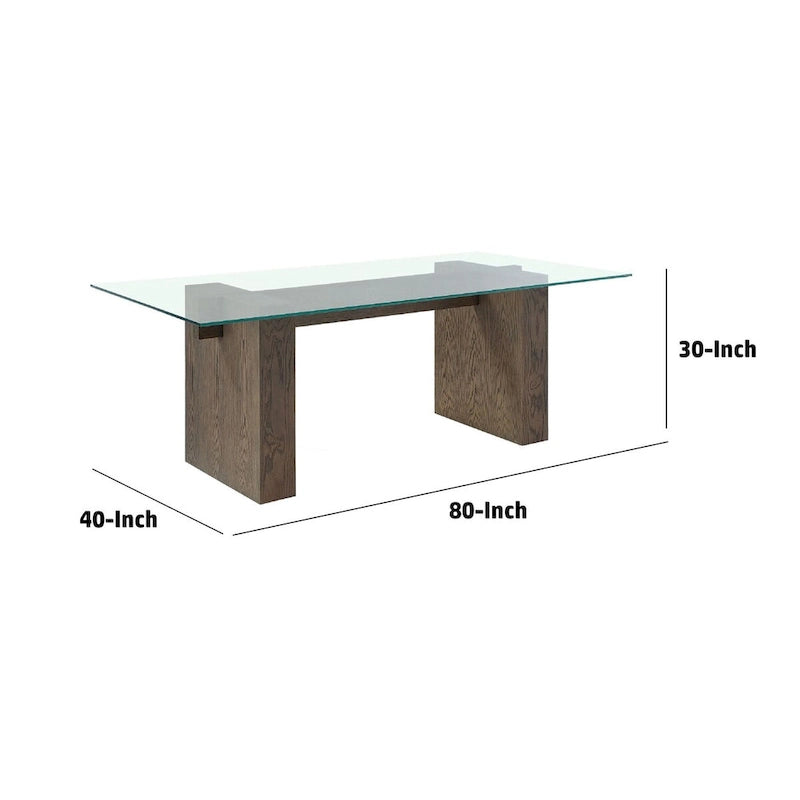 80 Inch Dining Table, Glass Top, Wood Double Pedestal, 6 Seater, Brown