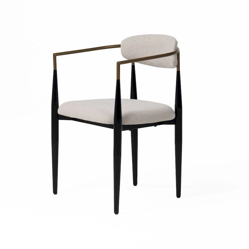 23 Inch Dining Chair, Light Gray Polyester, Black Iron Legs, Gold Armrests