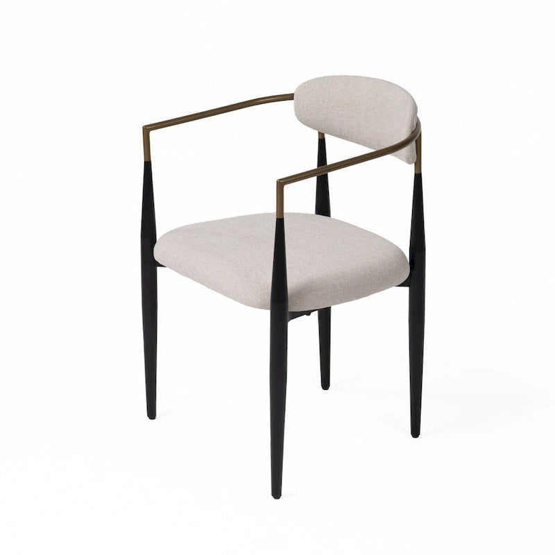 23 Inch Dining Chair, Light Gray Polyester, Black Iron Legs, Gold Armrests