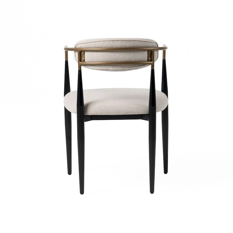 23 Inch Dining Chair, Light Gray Polyester, Black Iron Legs, Gold Armrests