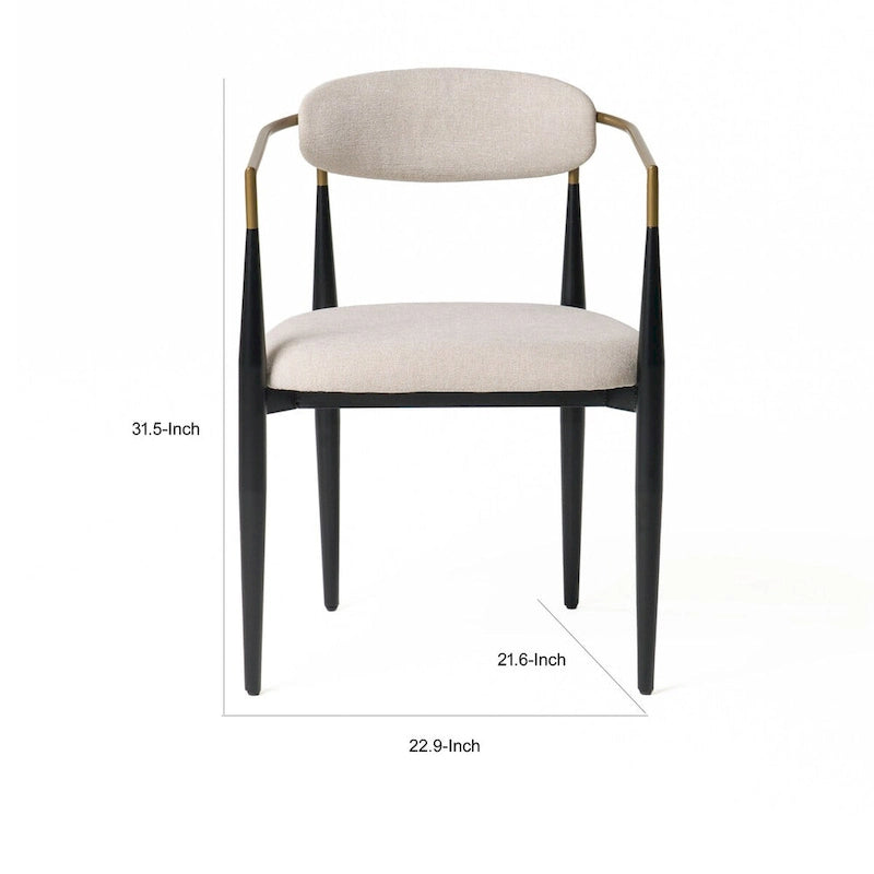23 Inch Dining Chair, Light Gray Polyester, Black Iron Legs, Gold Armrests