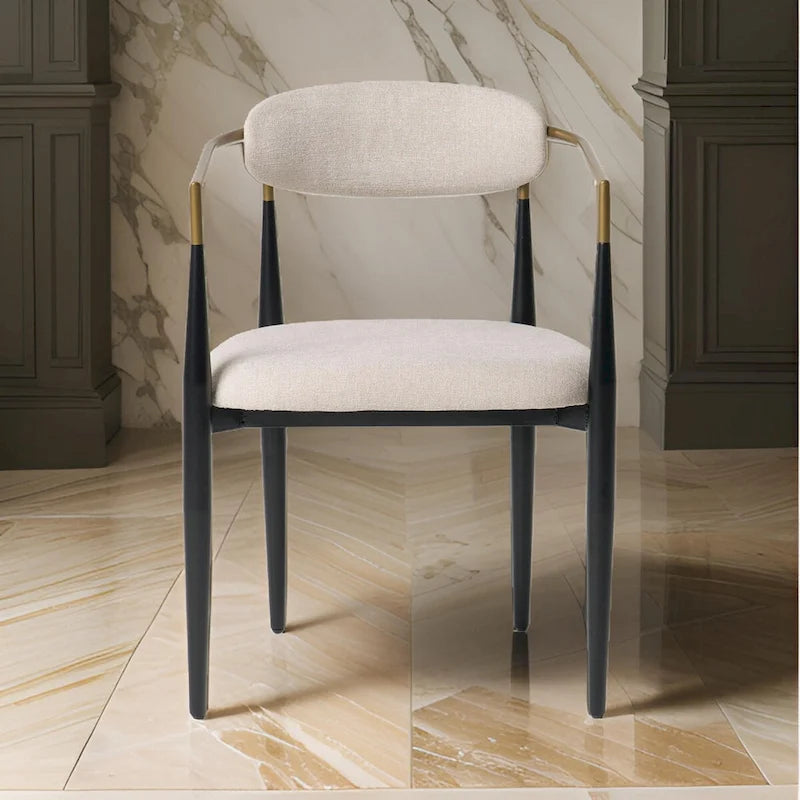 23 Inch Dining Chair, Light Gray Polyester, Black Iron Legs, Gold Armrests