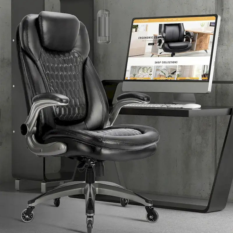 Ergonomic Executive Swivel Rolling Home Office Chair with Padded Flip-up Arms, Adjustable Tilt Lock for Adult Working Study