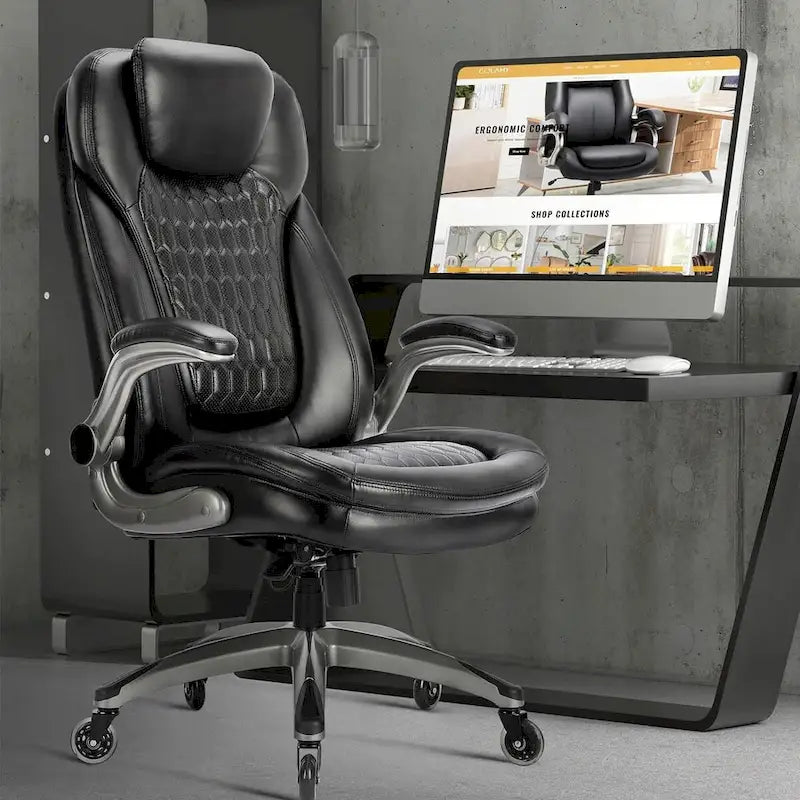 Ergonomic Executive Swivel Rolling Home Office Chair with Padded Flip-up Arms, Adjustable Tilt Lock for Adult Working Study