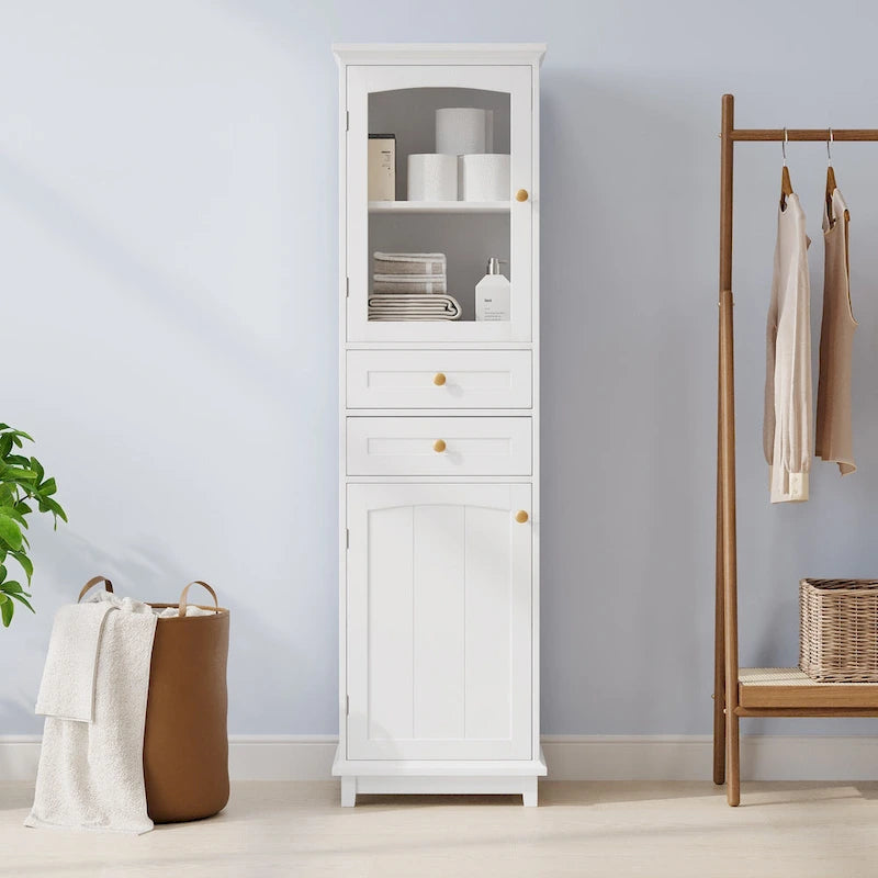 Tall Bathroom Storage Cabinet with Glass Doors Free Standing Cabinet with Two Drawers
