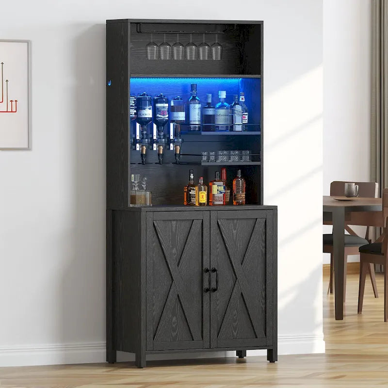 Tall Wine Bar Cabinet for Liquor and Glasses, Kitchen Dining Cabinet with Liquor Dispenser & Wine Rack